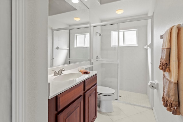 full bath with vanity, a shower stall, toilet, and tile patterned floors