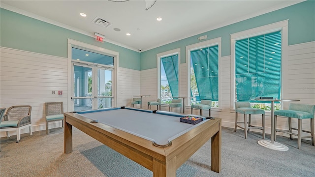 rec room featuring pool table, crown molding, light carpet, and french doors