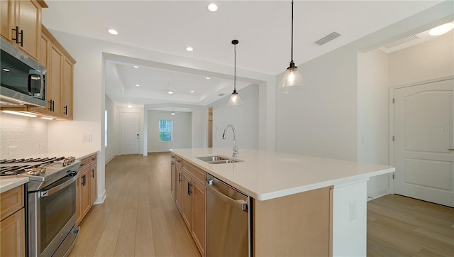 kitchen with sink, hanging light fixtures, stainless steel appliances, light hardwood / wood-style floors, and a kitchen island with sink