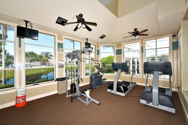 workout area with carpet flooring and ceiling fan