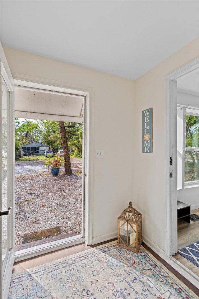 doorway to outside featuring wood-type flooring