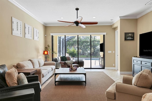 living room with light tile patterned floors, a textured ceiling, ceiling fan, and crown molding