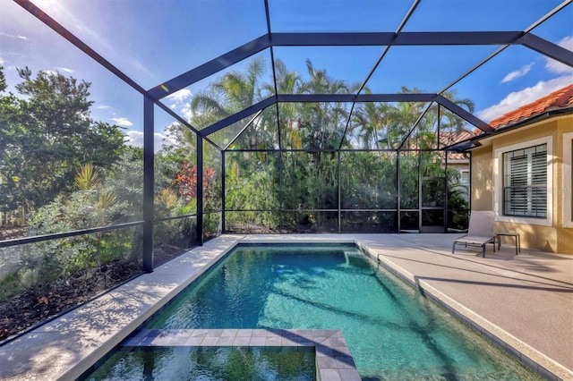 view of pool featuring a lanai and a patio