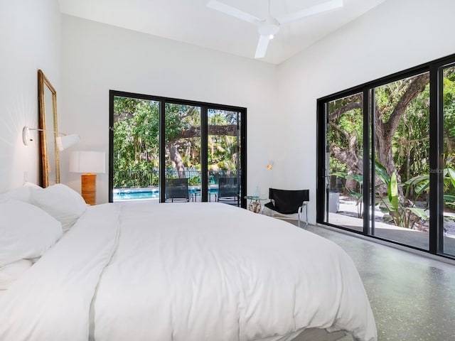 bedroom with access to outside and ceiling fan