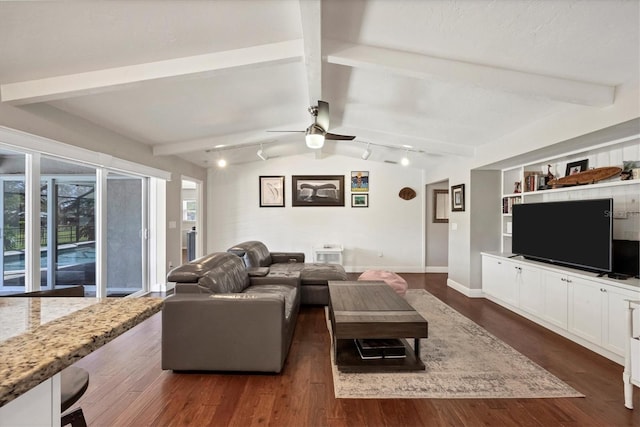 living room with dark hardwood / wood-style floors, lofted ceiling with beams, and ceiling fan