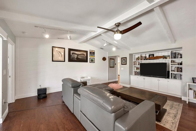 living room with vaulted ceiling with beams, ceiling fan, and dark wood-type flooring