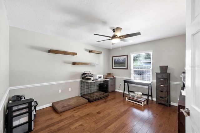 office with a textured ceiling, dark hardwood / wood-style floors, and ceiling fan