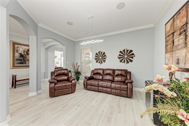 living room featuring light hardwood / wood-style floors and crown molding