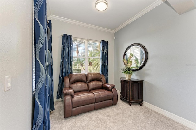 sitting room with a healthy amount of sunlight, crown molding, and carpet