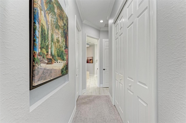 corridor featuring light colored carpet and ornamental molding