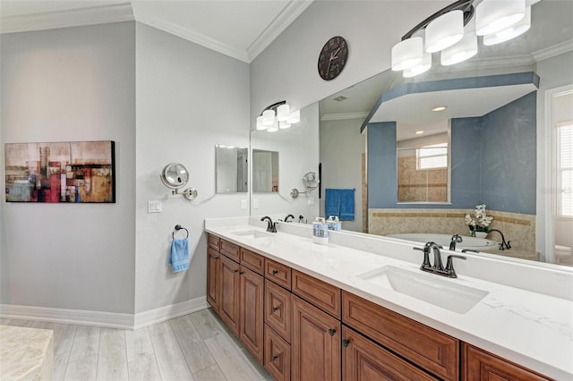 full bathroom featuring ornamental molding, vanity, independent shower and bath, hardwood / wood-style floors, and toilet