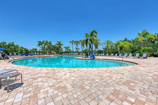 view of swimming pool featuring a patio