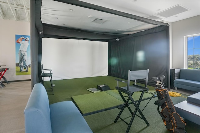 interior space with golf simulator and carpet