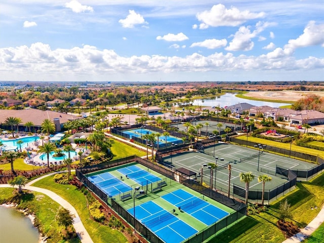 bird's eye view with a water view