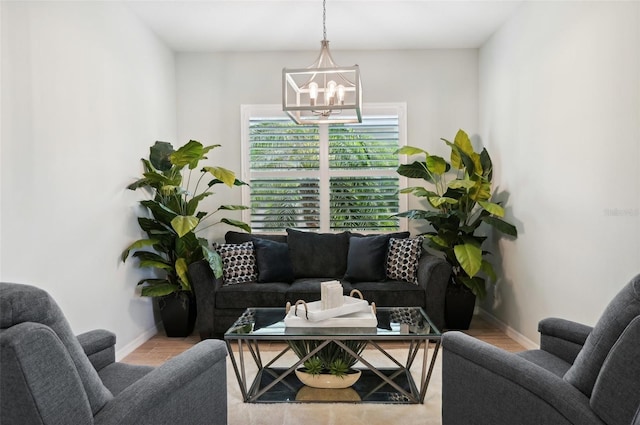 living room featuring a notable chandelier