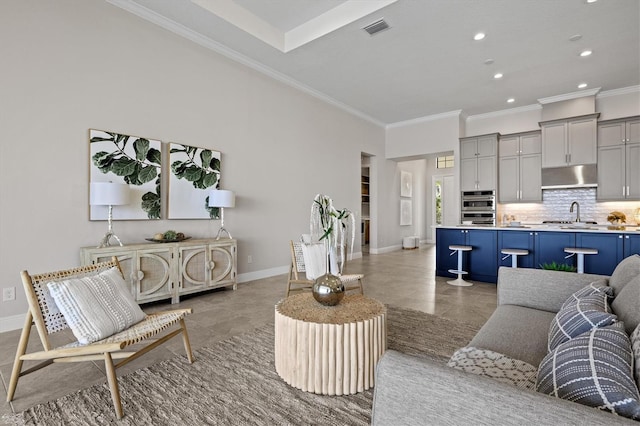 living room with crown molding