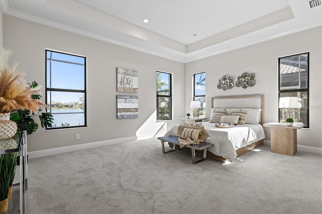 bedroom featuring a tray ceiling, carpet flooring, and ornamental molding