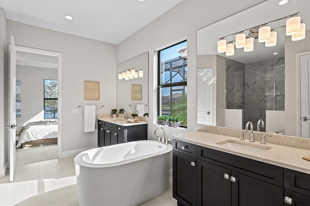 bathroom featuring vanity and plus walk in shower