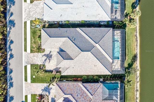 aerial view featuring a water view