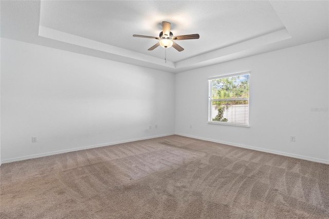 spare room featuring carpet, ceiling fan, and a raised ceiling