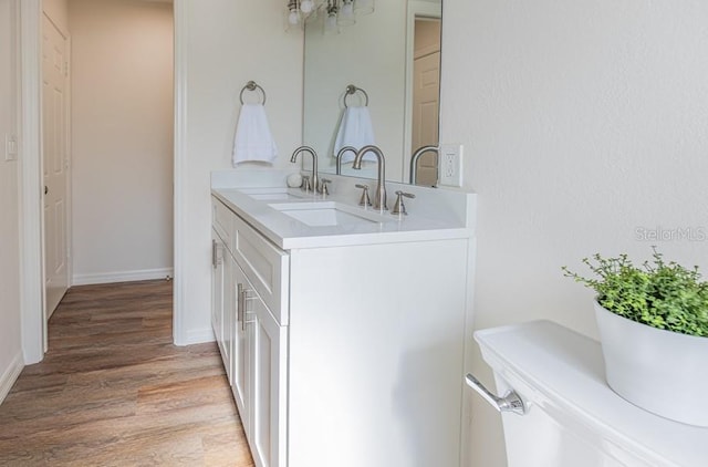 bathroom with hardwood / wood-style floors, vanity, and toilet