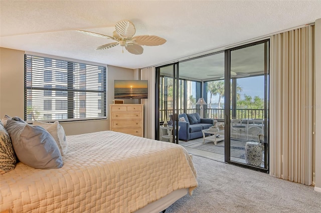 bedroom featuring access to outside, multiple windows, and ceiling fan