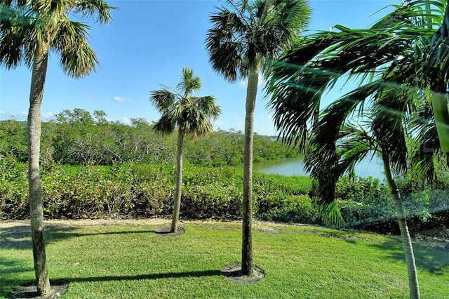 view of community with a lawn and a water view