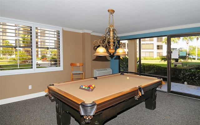 game room featuring pool table, dark carpet, crown molding, and a wealth of natural light