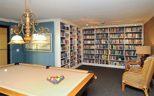 rec room featuring carpet floors, track lighting, ornamental molding, and pool table