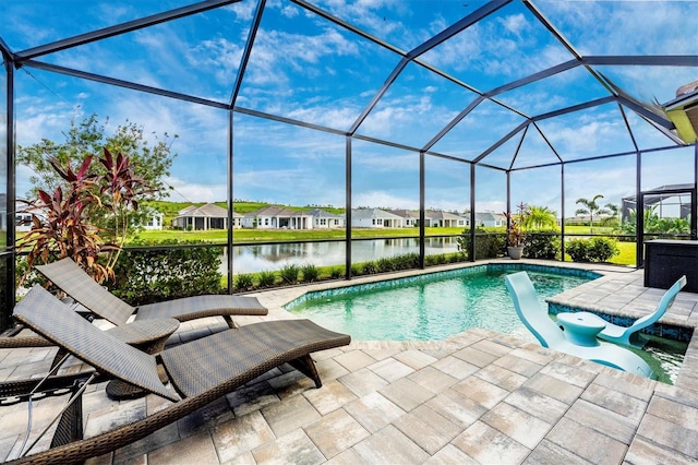 6249 Mesa Gln, Bradenton, FL 34203 - swimming pool featuring a patio area, a water view, a residential view, and glass enclosure