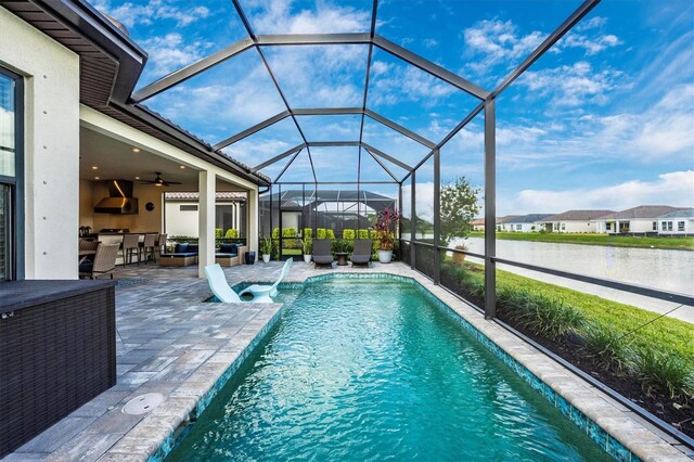 6249 Mesa Gln, Bradenton, FL 34203 - outdoor pool with a patio area, ceiling fan, and a lanai