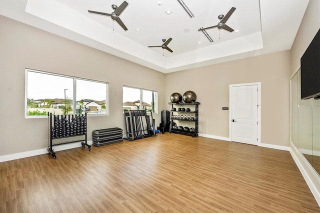 workout area with hardwood / wood-style flooring, ceiling fan, and a raised ceiling