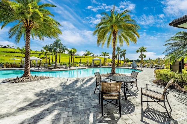 view of swimming pool featuring a patio area