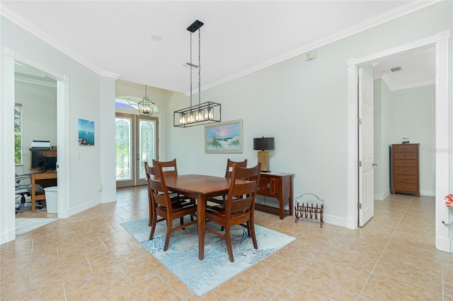 tiled dining room featuring an inviting chandelier and crown molding