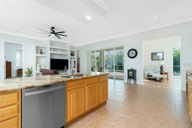 kitchen featuring sink, ceiling fan, light stone countertops, built in shelves, and stainless steel dishwasher