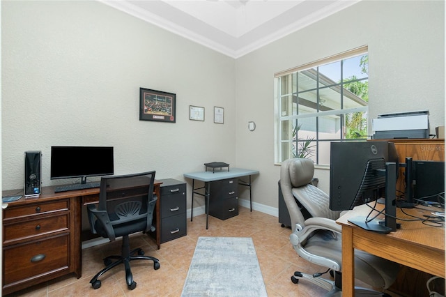 office space featuring ornamental molding and light tile patterned floors