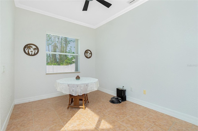 misc room featuring ornamental molding, ceiling fan, and light tile patterned flooring