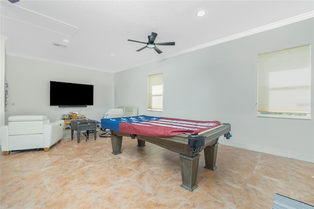 playroom with crown molding, pool table, and ceiling fan