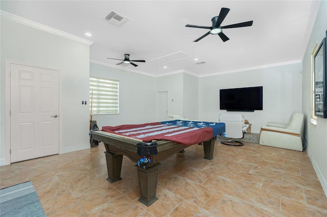 rec room with ceiling fan, billiards, and crown molding