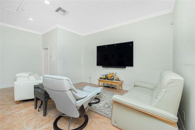 tiled living room with crown molding