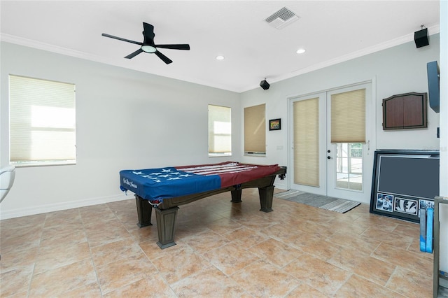 playroom with ceiling fan, ornamental molding, and billiards