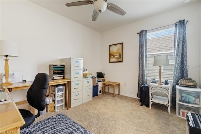 carpeted office with ceiling fan