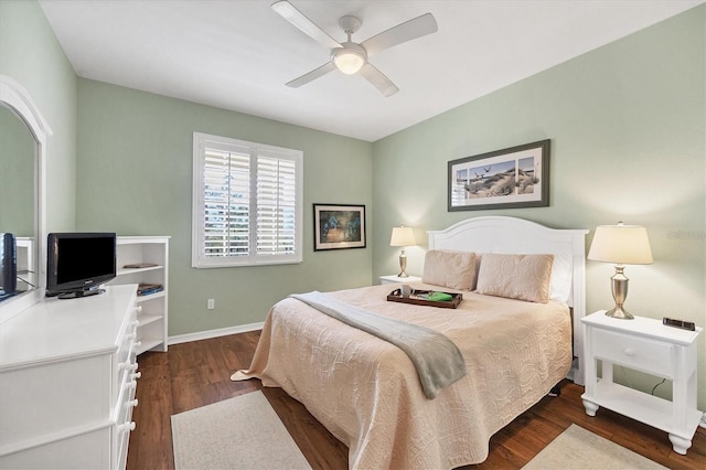 bedroom featuring ceiling fan and dark wood-type flooring