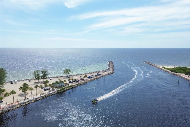 aerial view featuring a water view and a view of the beach