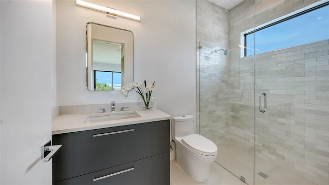 bathroom featuring vanity, toilet, and a shower with door