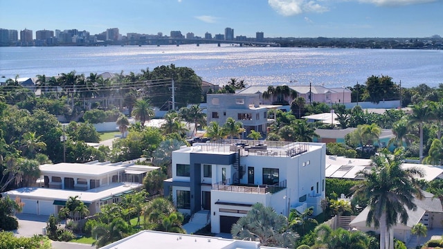 bird's eye view with a water view