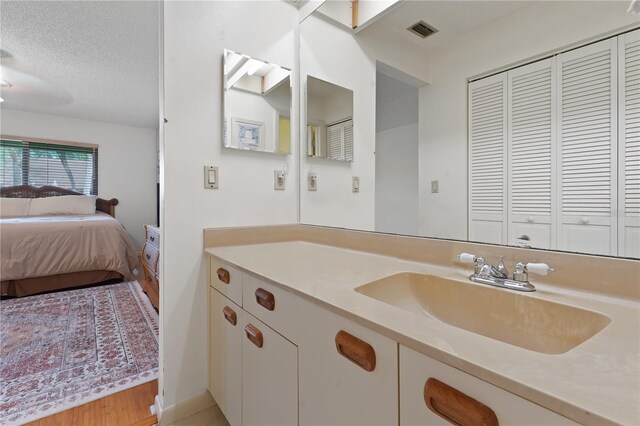 bathroom with vanity, hardwood / wood-style floors, and a textured ceiling