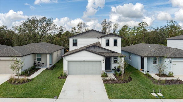 view of front facade with a front lawn and a garage