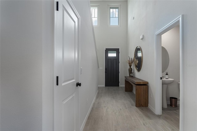 foyer with light hardwood / wood-style floors and sink