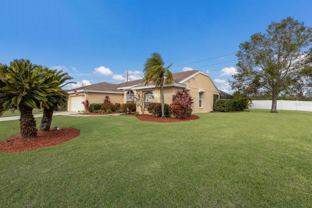 ranch-style home with a front lawn and a garage